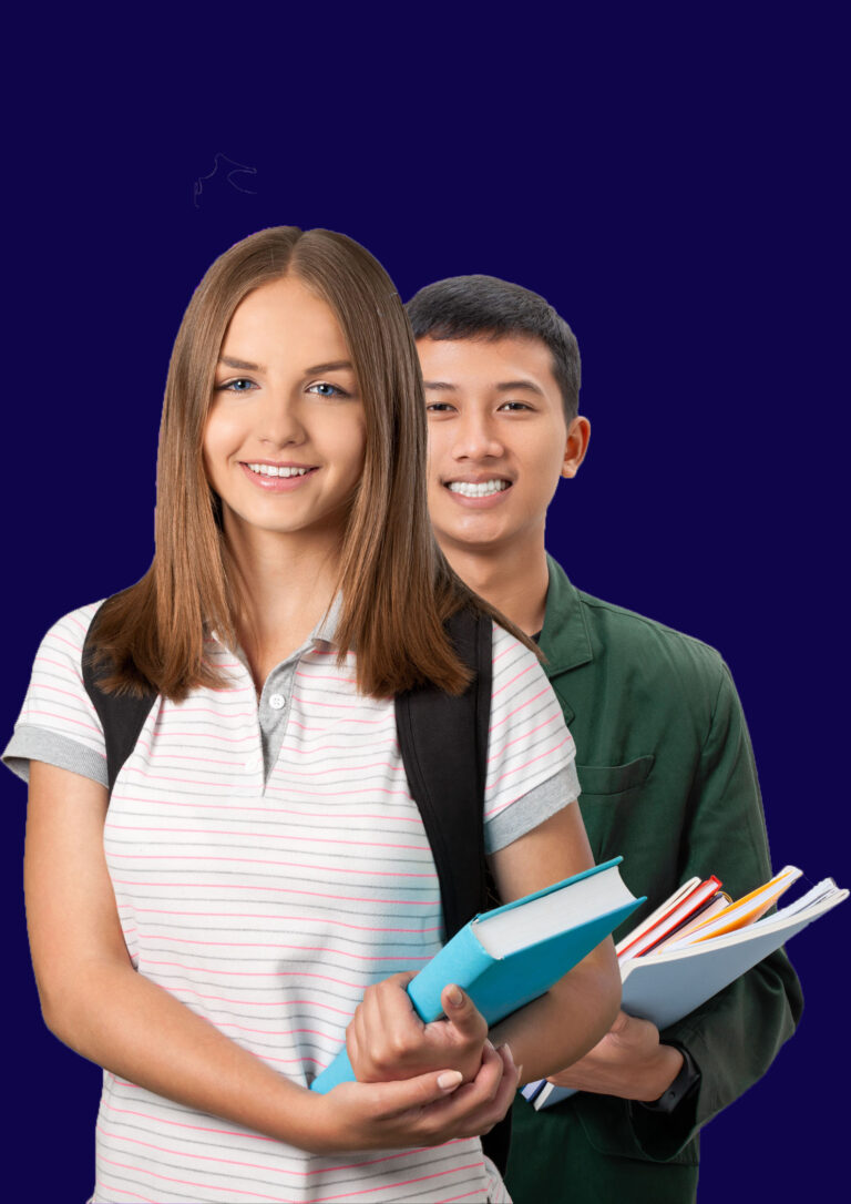1. A young man and woman stand side by side, each holding a book, smiling at the camera in a bright outdoor setting. 2. A young couple stands together, each holding a book, with cheerful expressions in a sunny outdoor environment. 3. A young man and woman pose together outdoors, both holding books and smiling, surrounded by greenery.