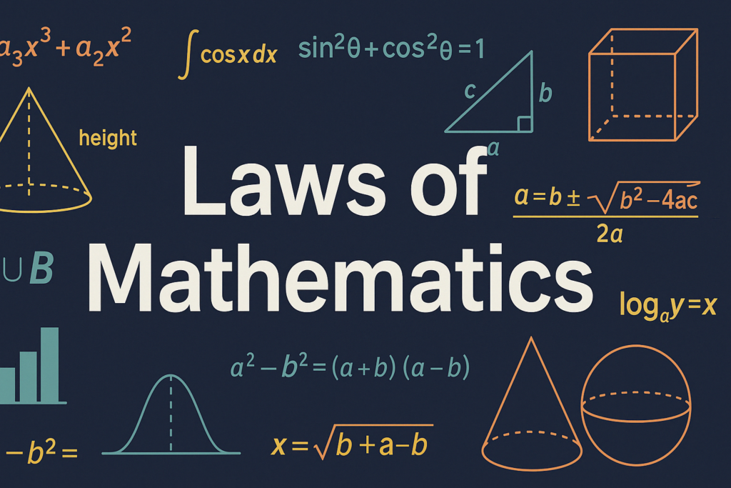 1. A visually engaging representation of mathematical laws, featuring equations and symbols illustrating fundamental concepts. 2. An artistic depiction of mathematical laws, showcasing various equations and symbols that represent core mathematical principles. 3. A creative illustration of the laws of mathematics, highlighting key equations and symbols that define mathematical theory.